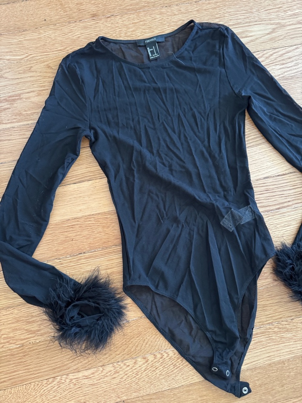 Forever 21 Black Long-Sleeve Bodysuit with Faux-Fur Cuffs